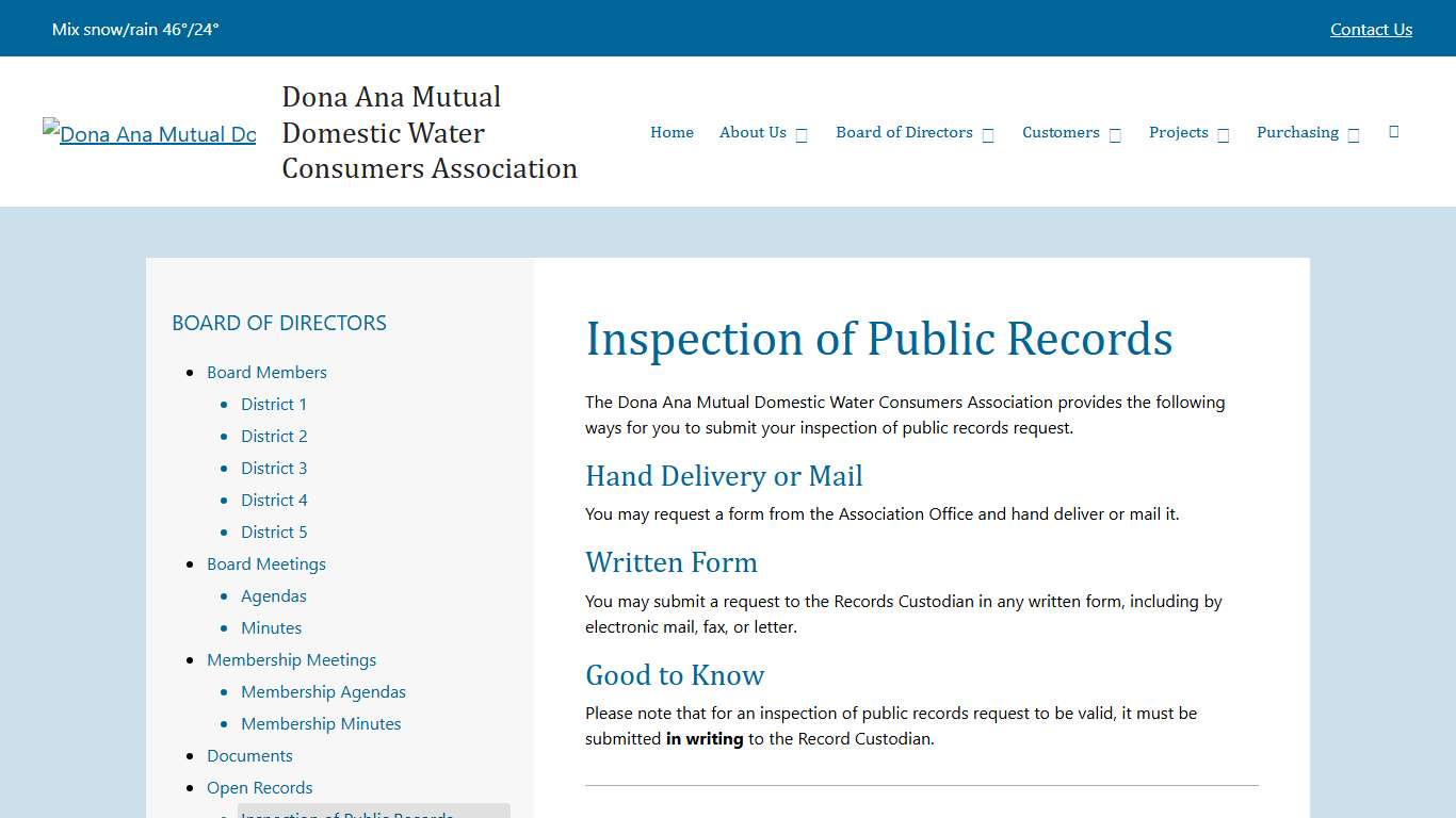 Inspection of Public Records Dona Ana Mutual Domestic Water Consumers Association